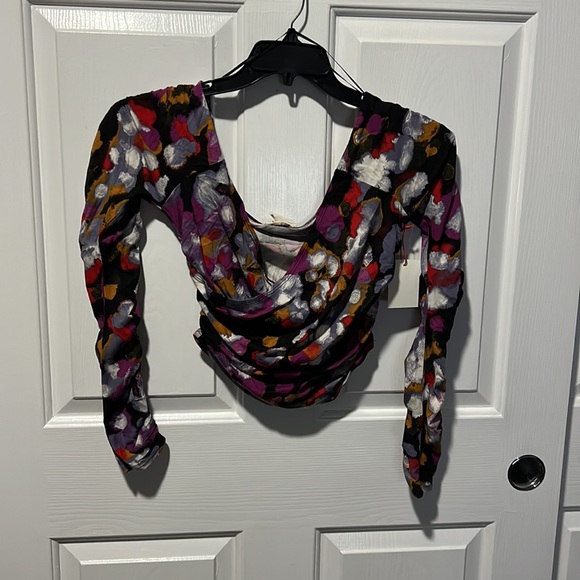 Open Edit Off the Shoulder Ruched Top in Black Multi Painted Confetti...MSRP $35 - Picture 2 of 4
